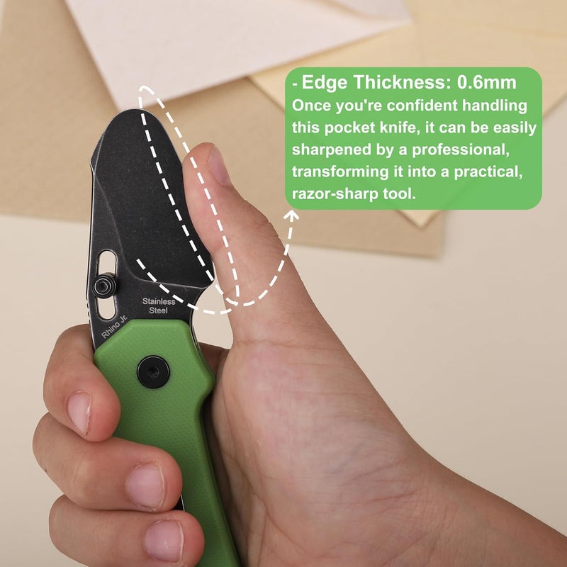 JIN Rhino Jr. Kids Pocket Knife, Fidget Toy Knife, DIY Kit, 1.97” Unsharpened Steel Blade, Safety Rounded Tip, Kids-friendly Button Lock Folding EDC, Green G10 Handle - Image 3